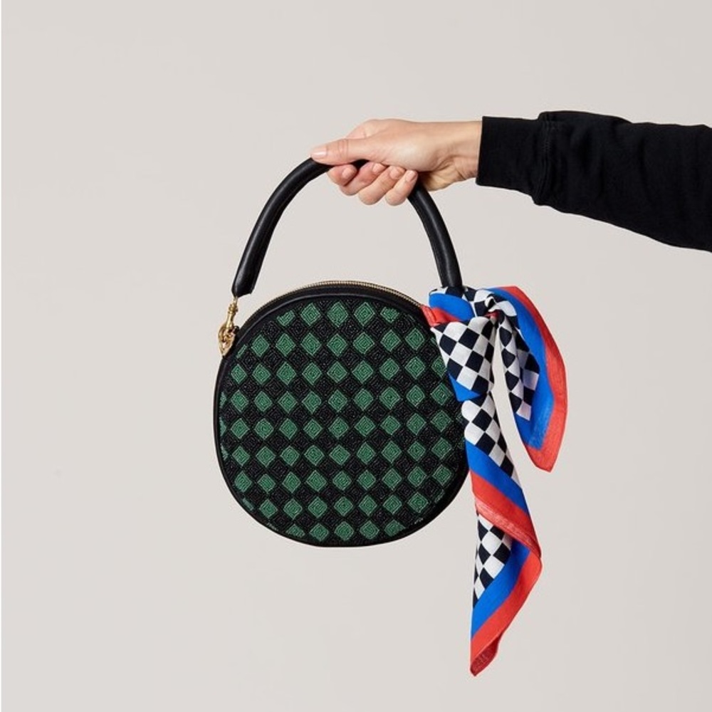 Clare V. Circle Clutch Beaded Black Green Checkers